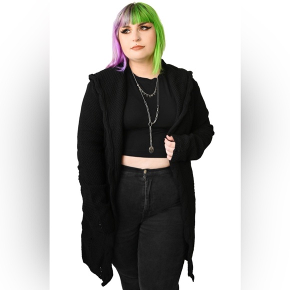 Foxblood Open Front Textured Dream Hooded Distressed Cardigan Sweater - M/L - Picture 2 of 12